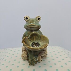 Vtg Frog On A Log Glazed Pottery Ashtray Incense Burner Flower Bowl Figurine